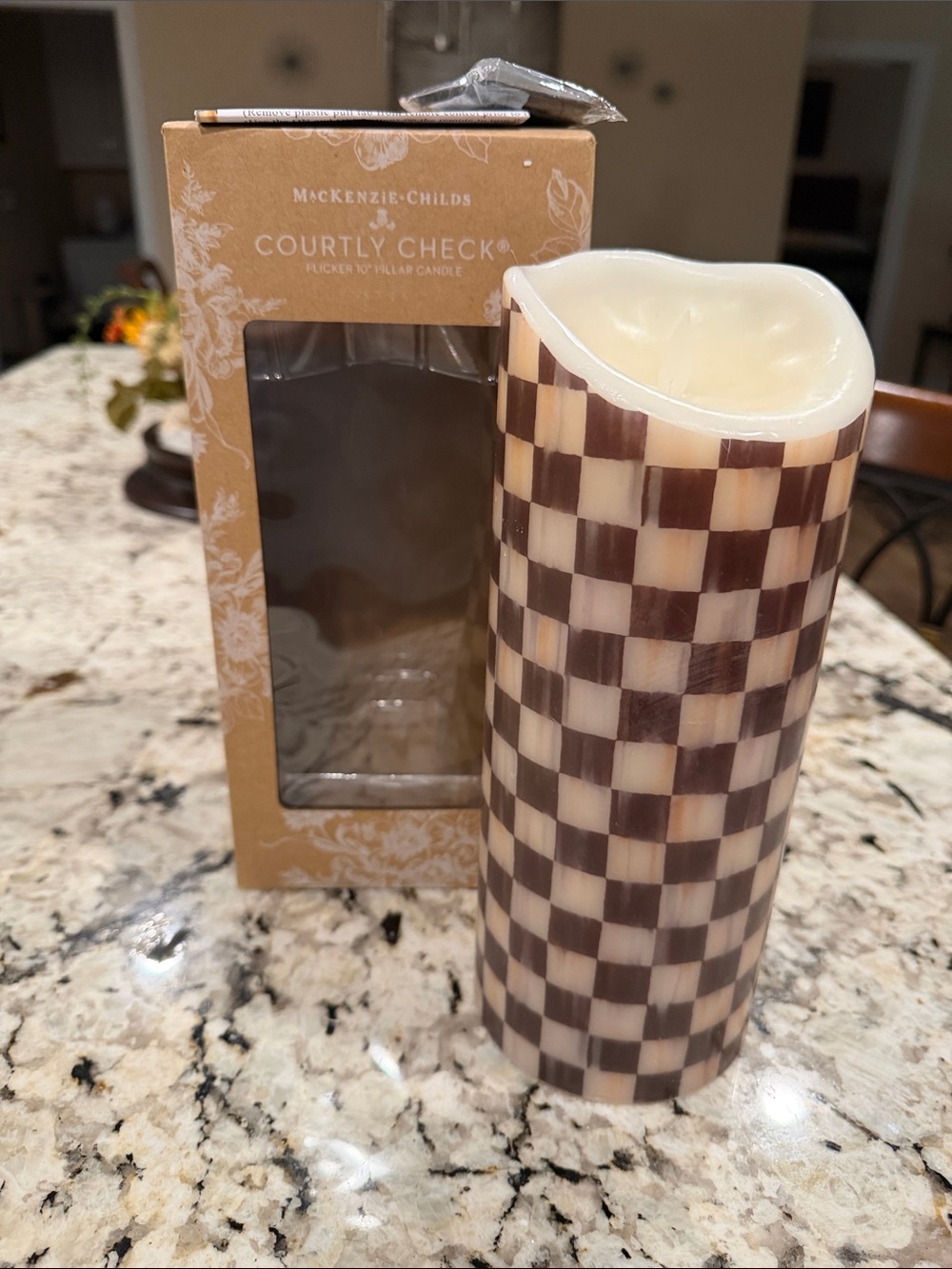 MacKenzie-Childs Brown and Cream Check Pillar Candle